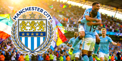 曼彻斯特城足球俱乐部球队徽章及球员庆祝进球的瞬间